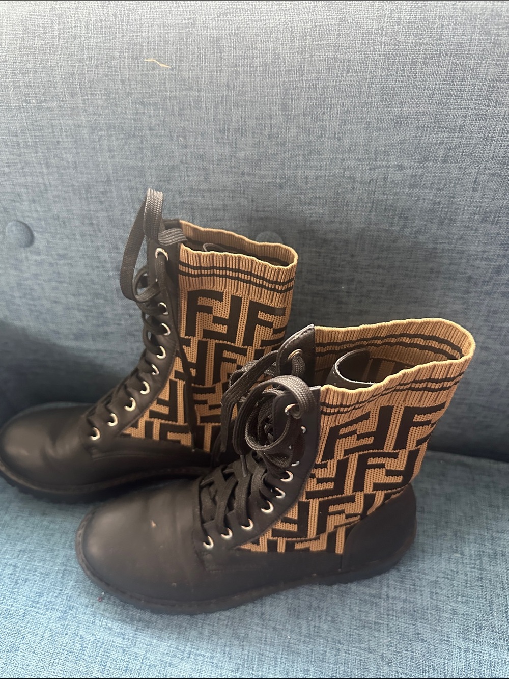 Fendi Black and Tan Monogram Lace-Up Women's Boots